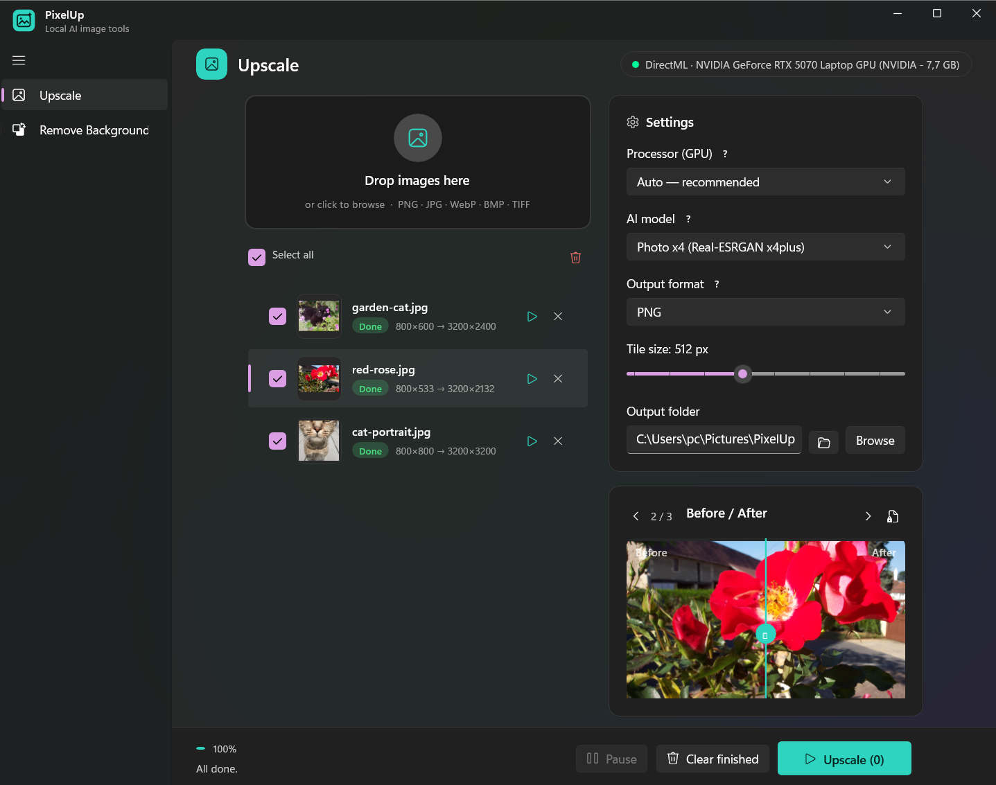 PixelUp Upscale interface running on Windows showing a batch queue and side-by-side comparison